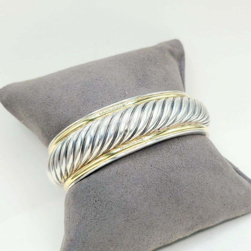 David Yurman Sculpted Two-Tone Cuff w/ Sterling Silver & 18K Gold - Medium - Picture 2 of 16